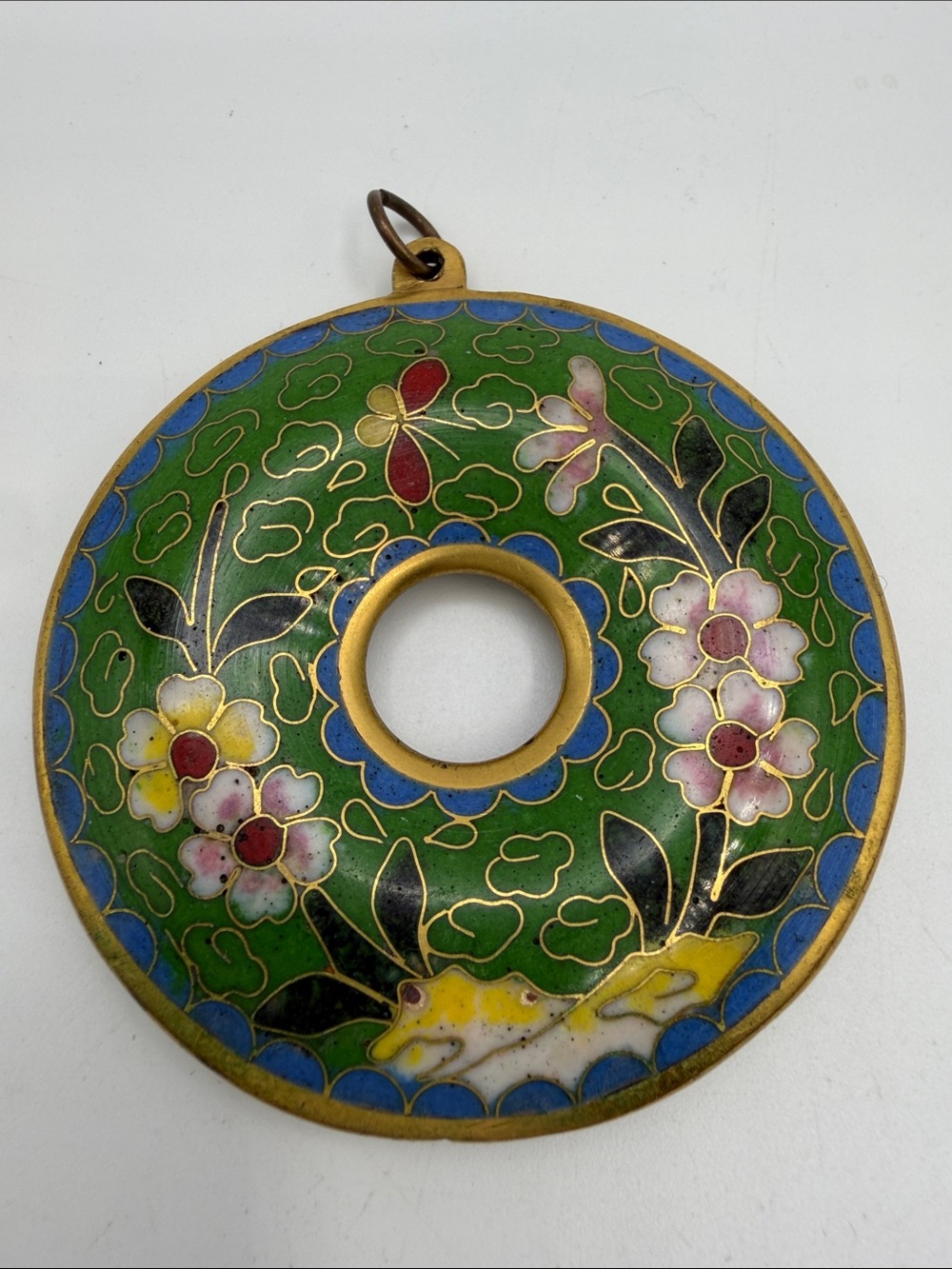 Vtg Cloisonne Bi Disc Enamel Pendant Floral Medallion - Picture 1 of 3